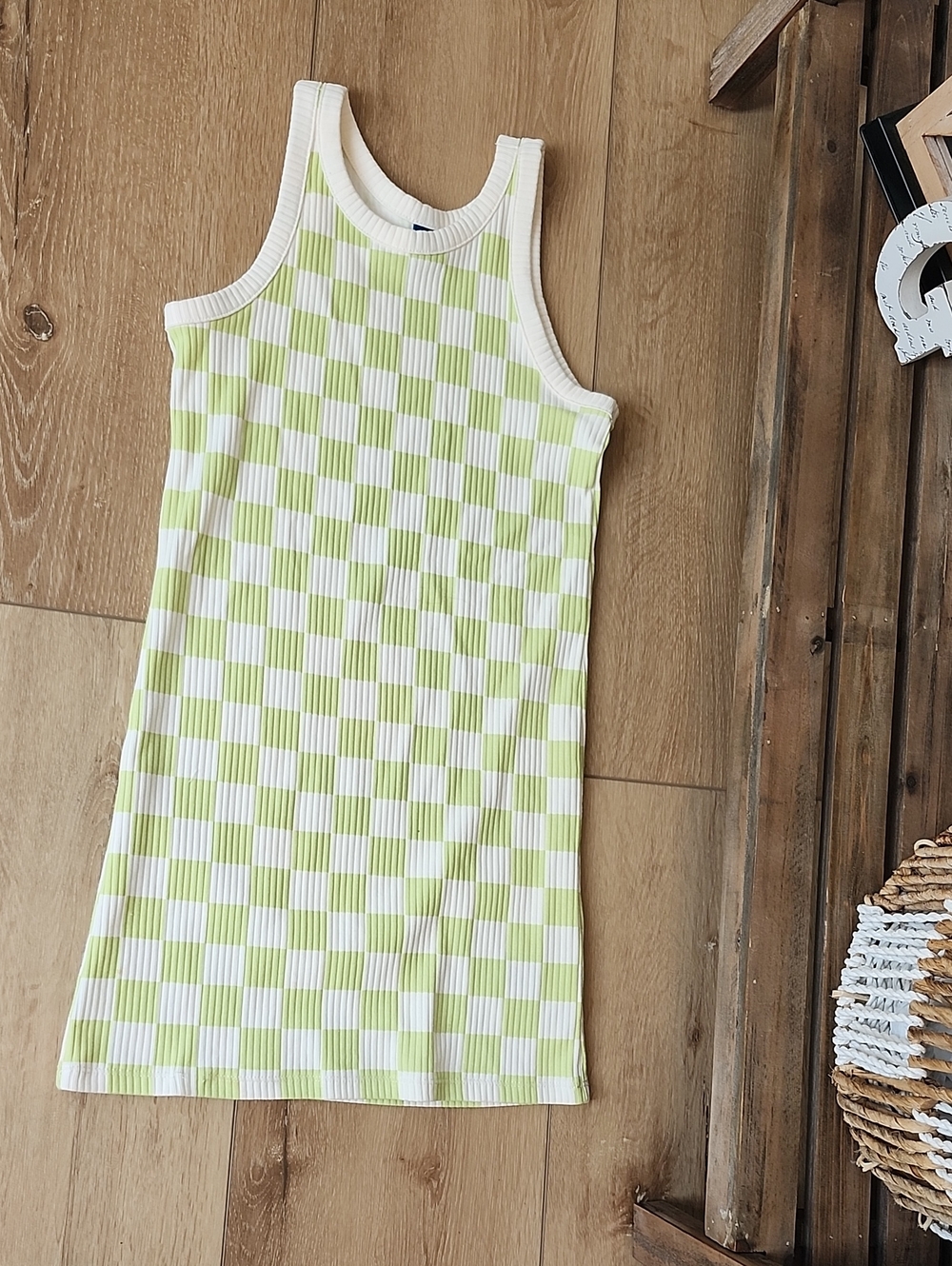 Old Navy Lime Checkered Ribbed Tank Dress, Girls Medium 8